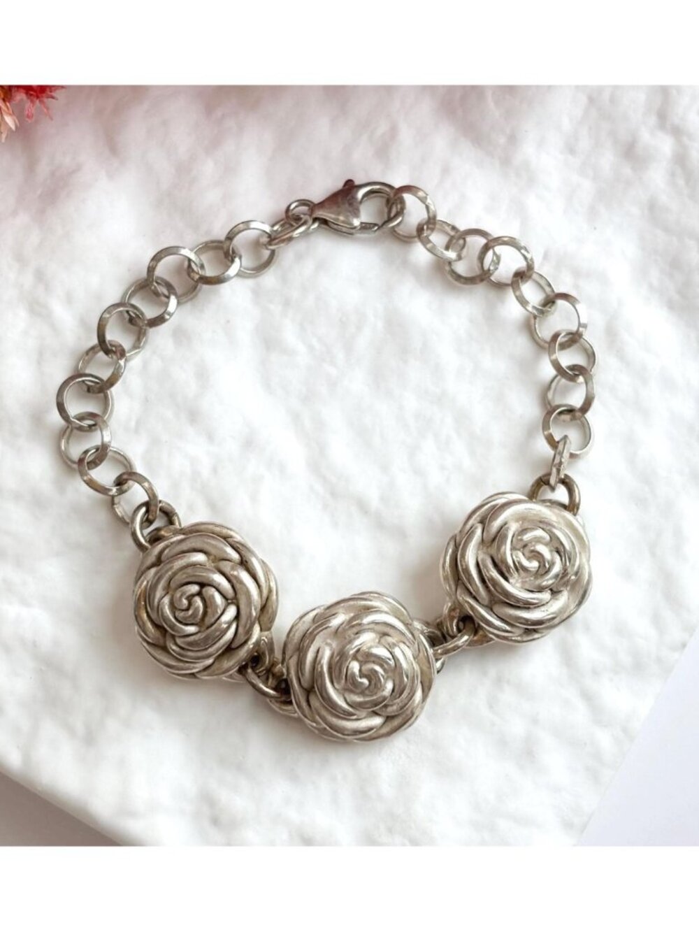 Triple Blooming Rosebud Floral Vintage Sterling Silver 925 Bracelet - 7.5"